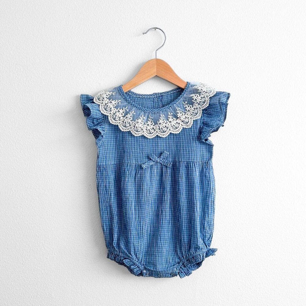 NWT Pretty Girls Embroidered Lace Ruffled Collar Bubble Romper Blue & White 6-9M